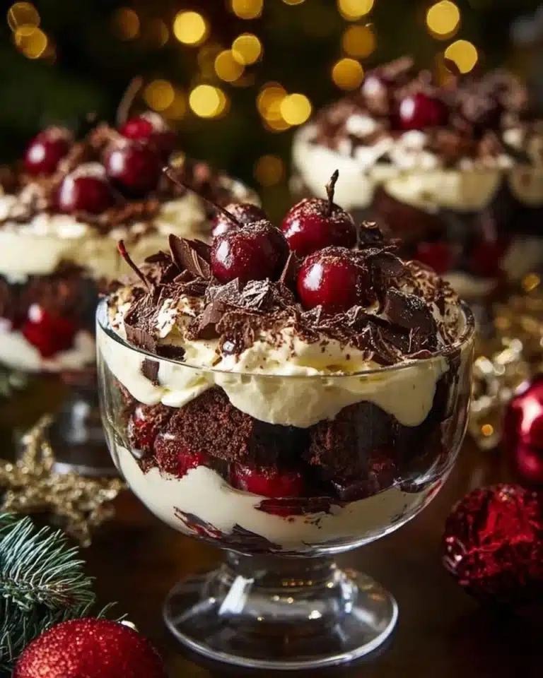 Christmas Black Forest Trifle layered with chocolate, cherries, and whipped cream