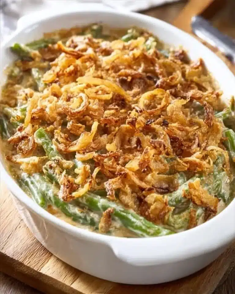 Delicious Campbell's Green Bean Casserole topped with crispy onions