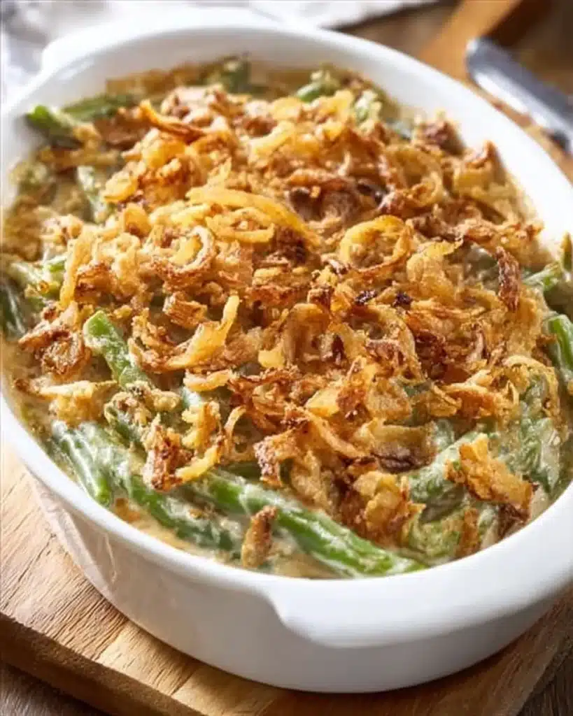 Delicious Campbell's Green Bean Casserole topped with crispy onions