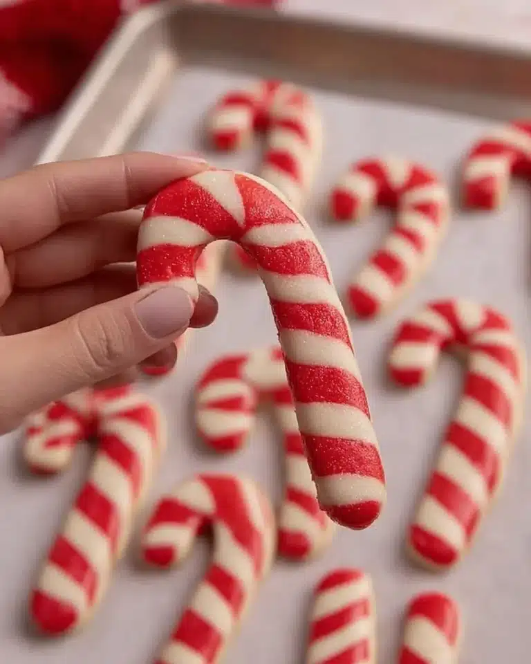 Candy Cane Cookies 2 Festively decorated candy cane cookies on a cooling rack.