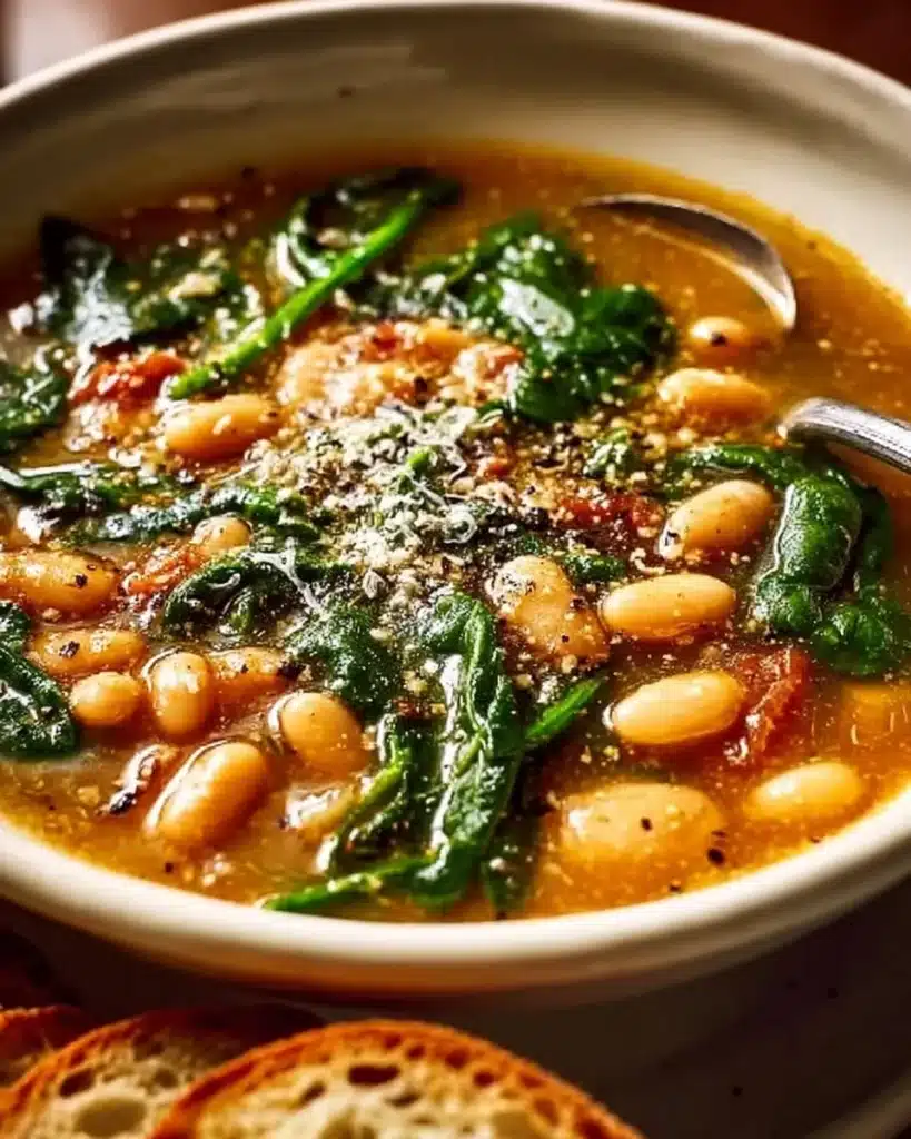 Delicious Cannellini Bean and Spinach Soup in a bowl