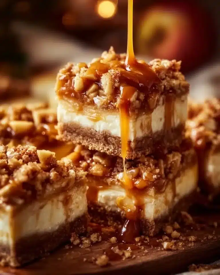 Caramel Apple Cheesecake Bars 2 Delicious caramel apple cheesecake bars topped with caramel drizzle.