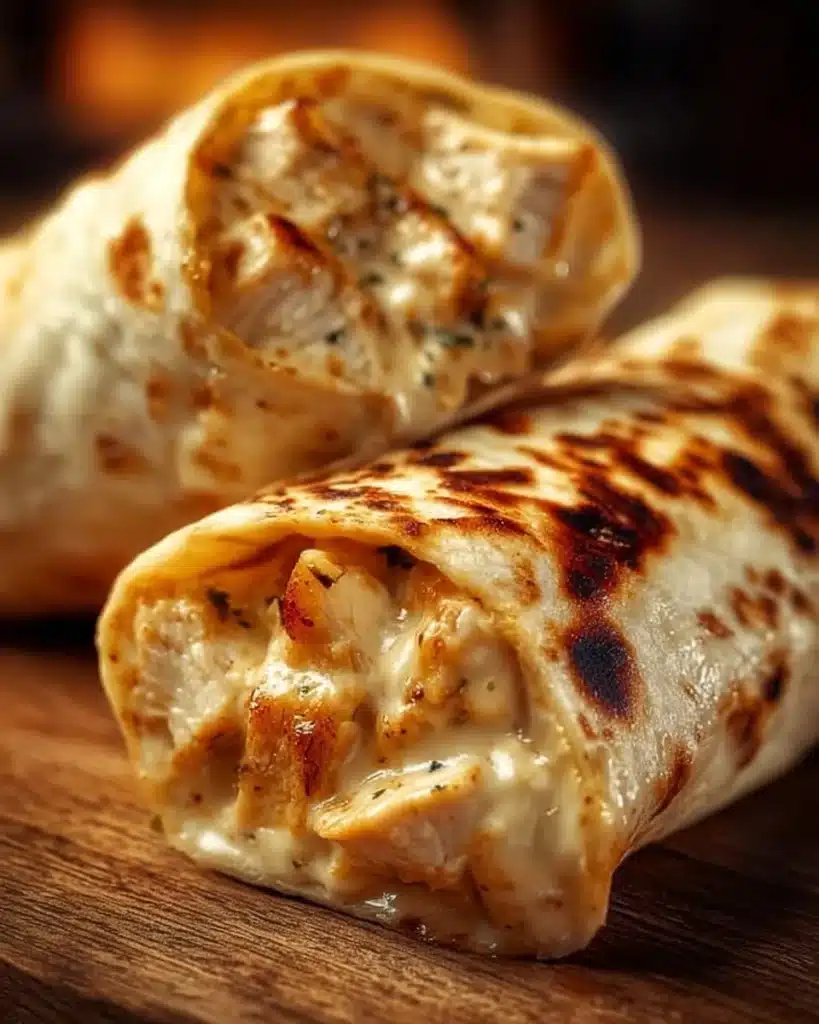 Cheesy Chicken Garlic Wraps with melted cheese and grilled chicken in a tortilla