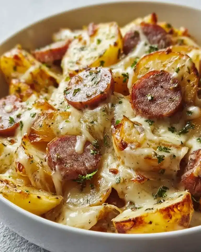 Delicious cheesy ranch potatoes with smoked sausage in a serving dish