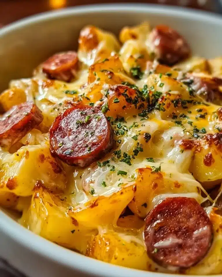 Cheesy Ranch Potatoes and Smoked Sausage 2 Cheesy Ranch Potatoes topped with smoked sausage in a delicious creamy sauce.