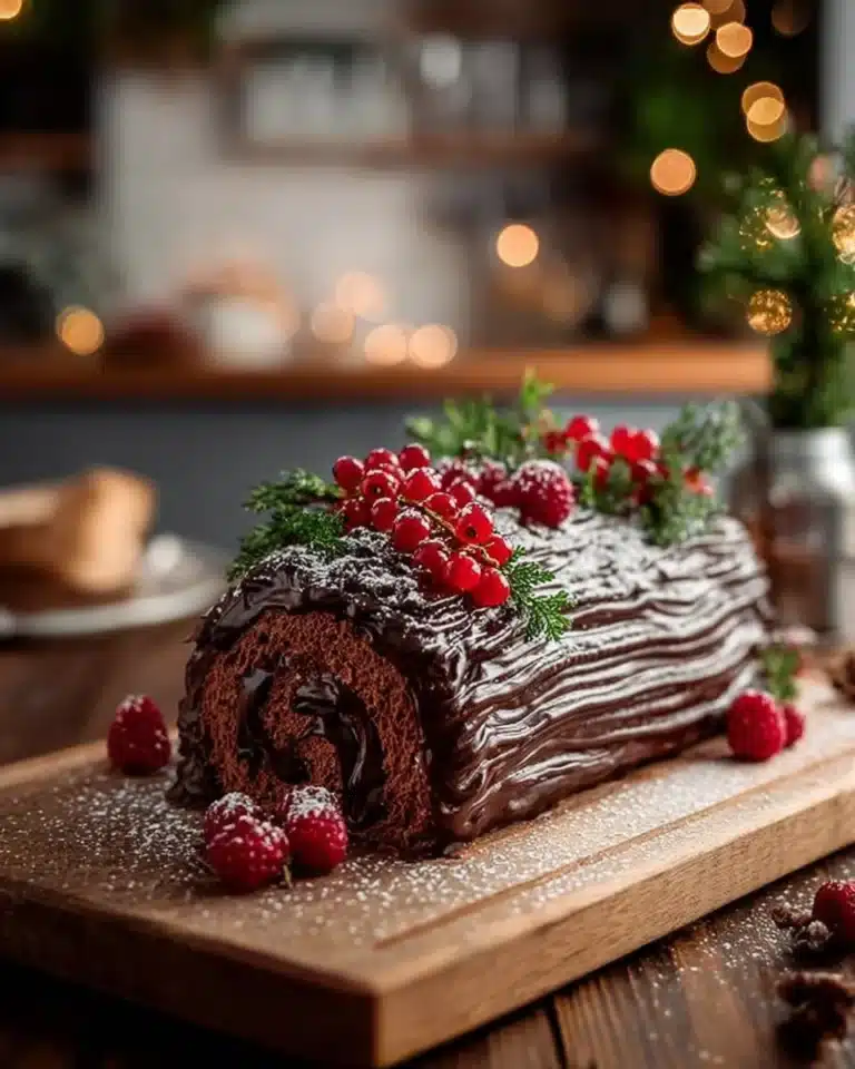 Decadent Chocolate Yule Log decorated for Christmas