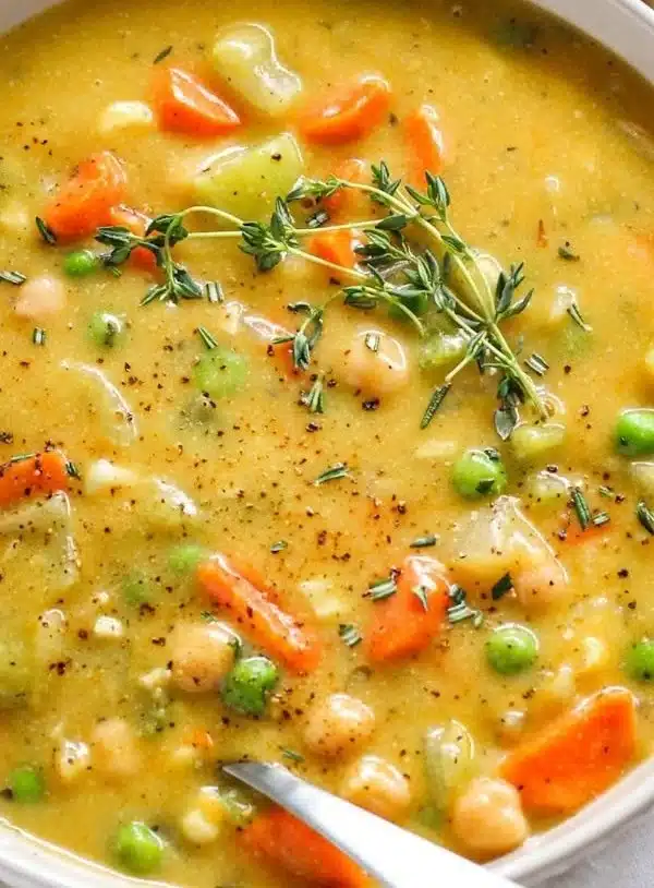 Comforting One-Pot Creamy Vegetable Soup 2 Bowl of comforting one-pot creamy vegetable soup with vibrant vegetables.