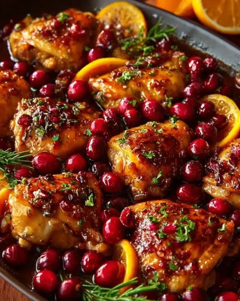 Delicious Cranberry Orange Chicken with vibrant sauce and garnished.
