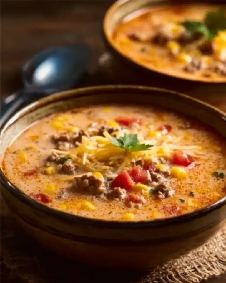 A bowl of creamy cowboy soup topped with parsley and served with crusty bread.