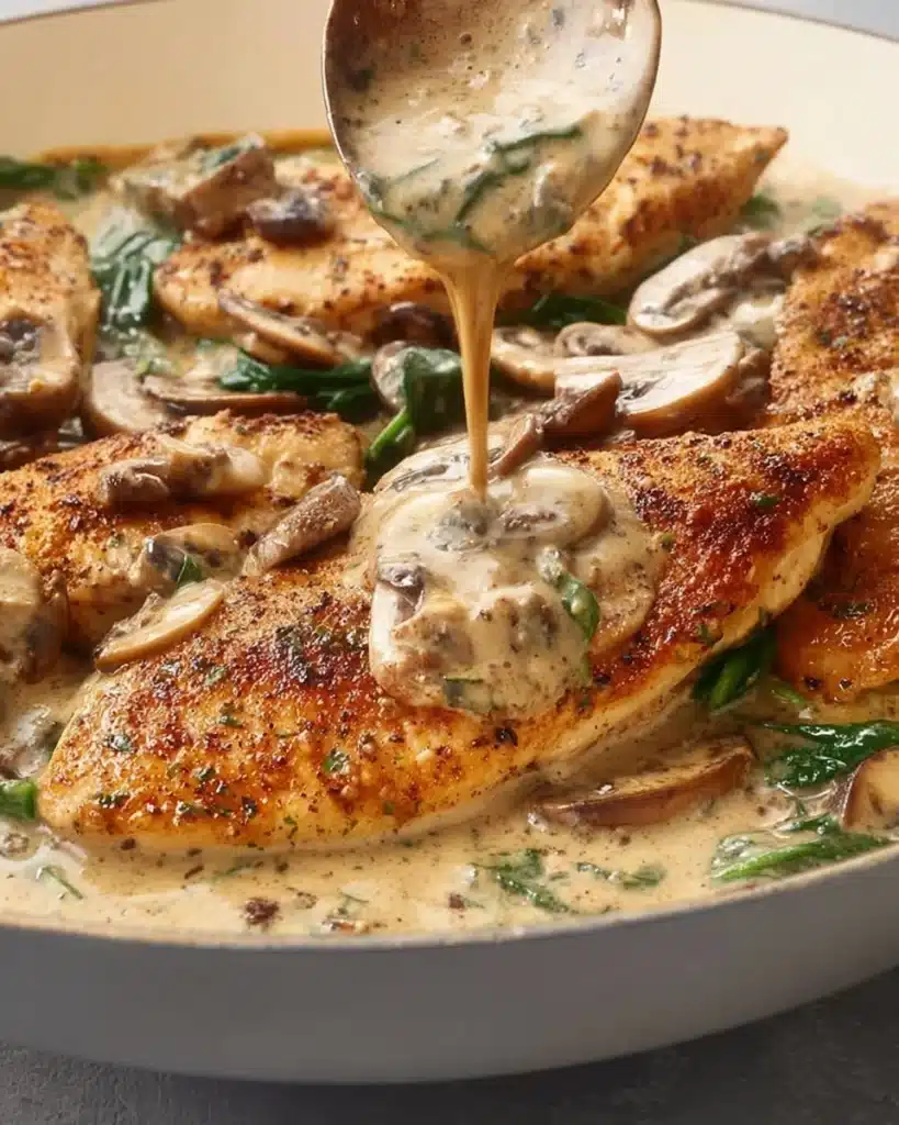 Delicious creamy mushroom chicken served on a plate with herbs.