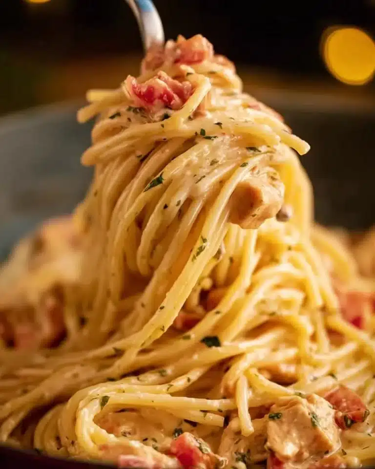 Crock Pot Cheesy Chicken Spaghetti in a bowl with melted cheese on top