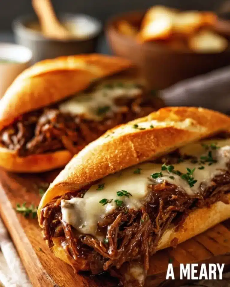 Delicious Crockpot French Dip Sandwiches served with rich au jus