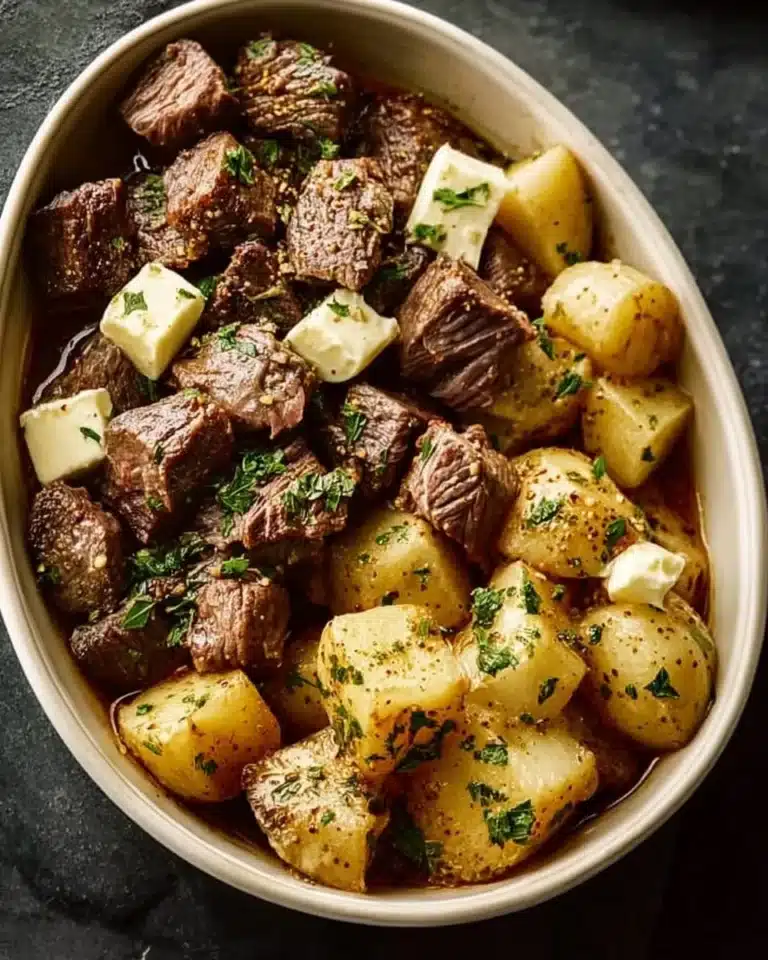 Crockpot garlic butter beef bites served with tender potatoes