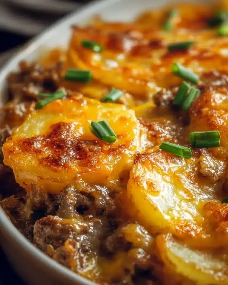 Crockpot Hamburger Potato Casserole ready to serve with layers of potatoes and ground beef