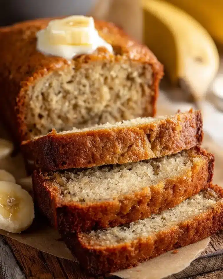 Slice of easy moist banana bread on a wooden cutting board