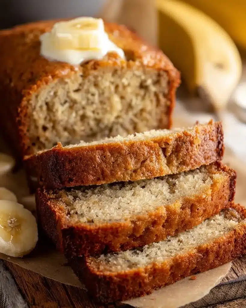 Slice of easy moist banana bread on a wooden cutting board