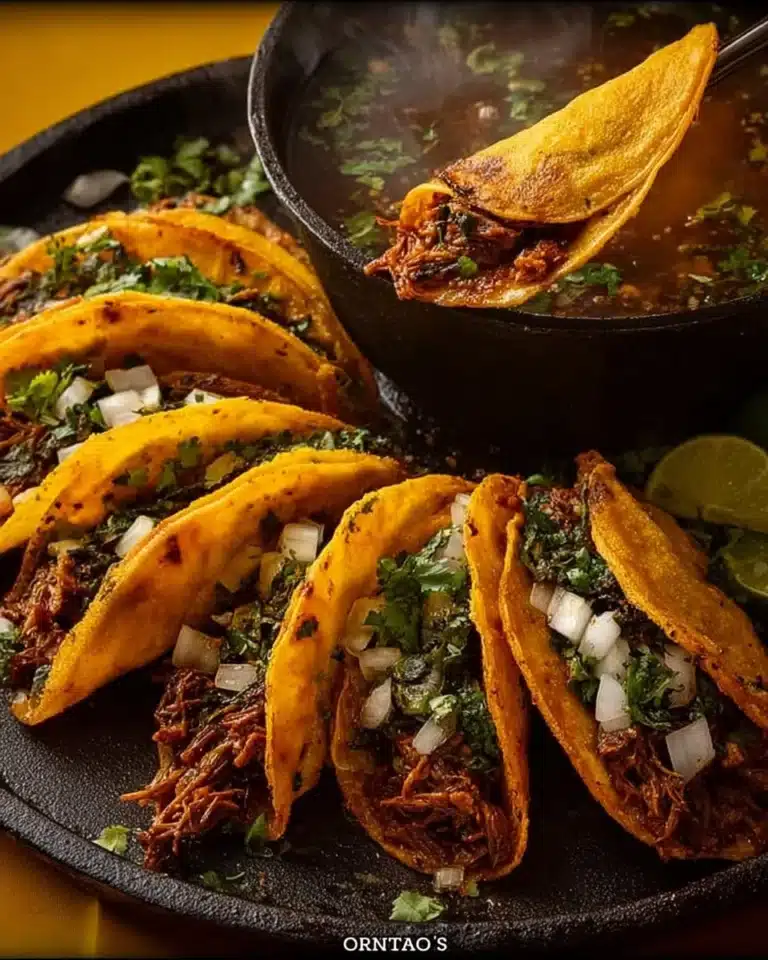 Delicious plate of favorite Birria Tacos served with cilantro and onions