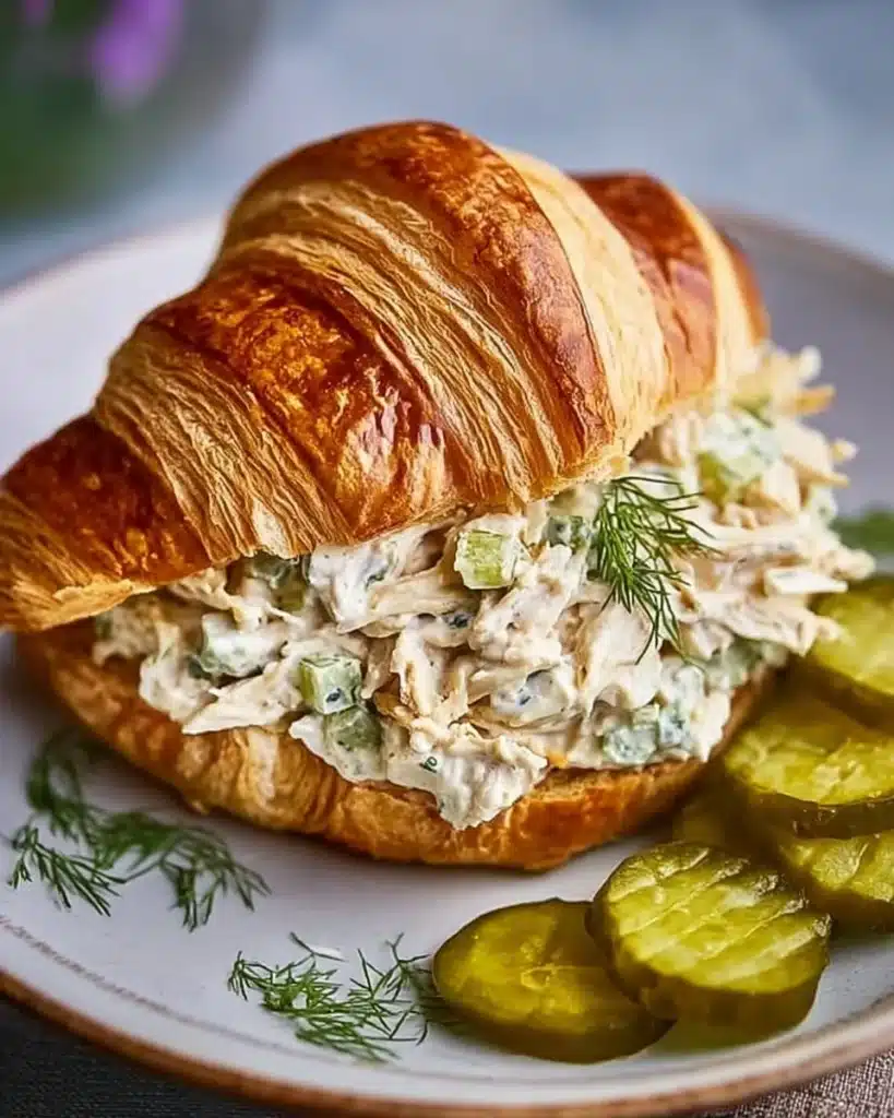 Delicious flavored dill pickle chicken salad served in a bowl