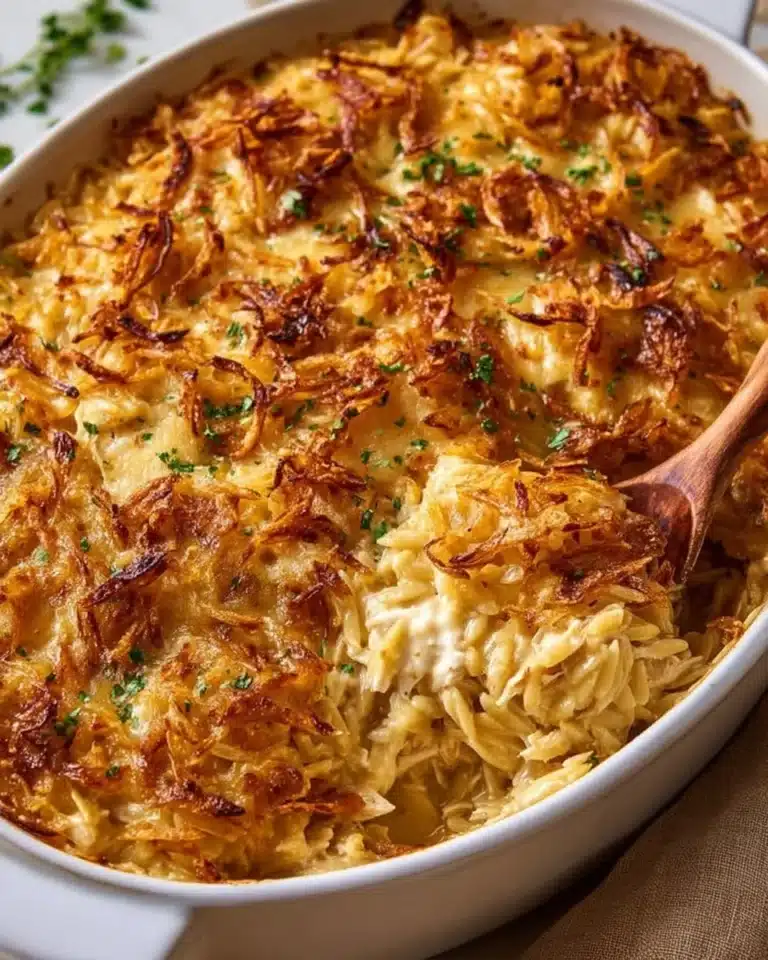 Delicious French onion chicken orzo casserole topped with melted cheese.