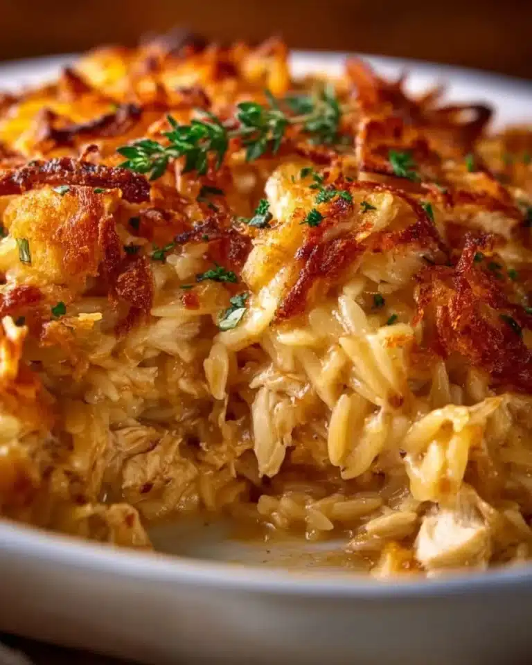Delicious French Onion Chicken Orzo Casserole topped with melted cheese.