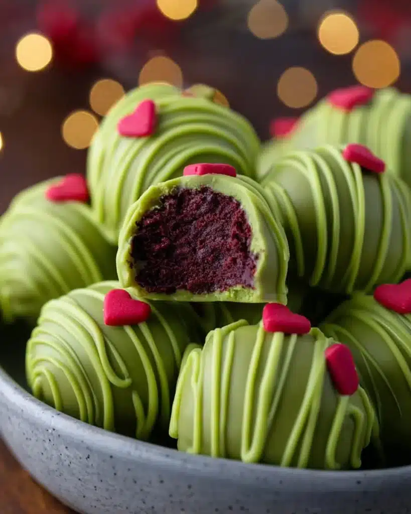 Festive Grinch Oreo Balls made with Red Velvet Oreos for holiday celebrations.
