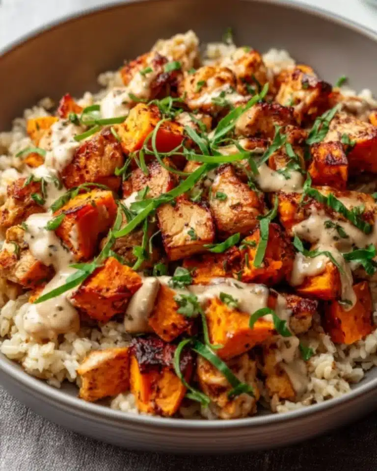 Healthy Chicken Rice Bowl with Sweet Potato and vegetables