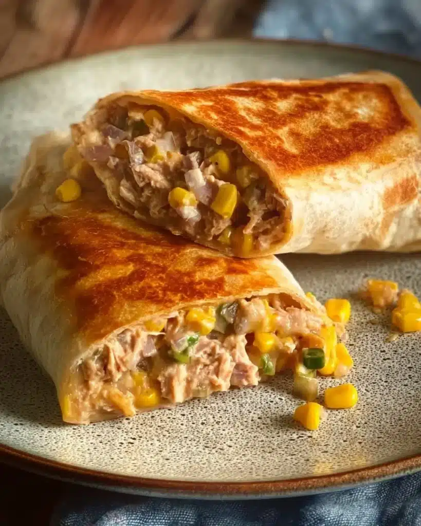 Healthy tuna melt wrap with fresh ingredients and melted cheese
