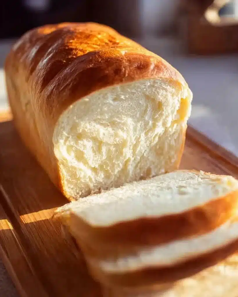 Freshly baked homemade white bread loaf on a wooden cutting board