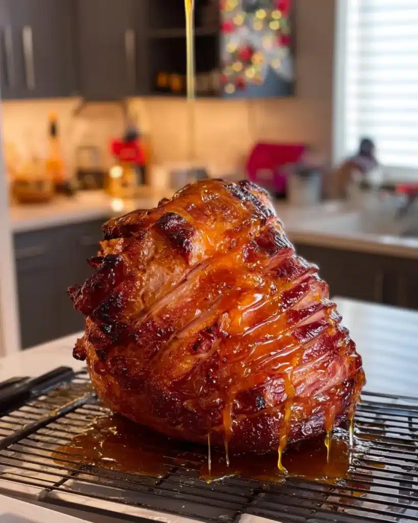 Delicious honey glazed ham served on a festive table