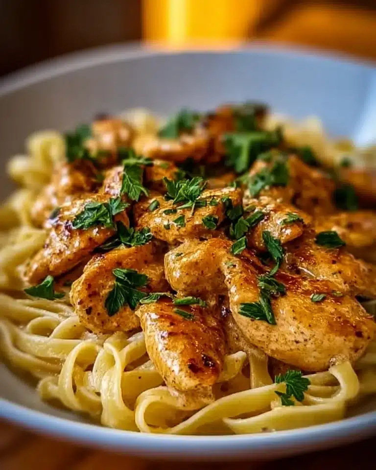 Delicious Cowboy Butter Chicken Linguine served with fresh herbs