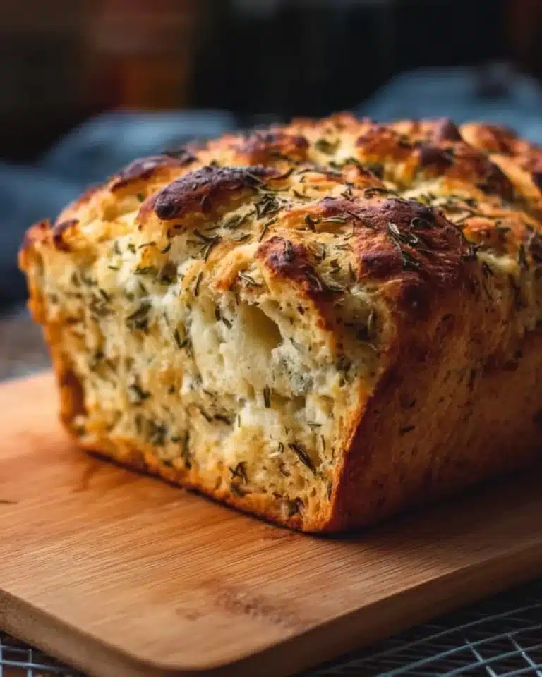 Freshly baked Italian Herbs and Cheese Bread served on a wooden board