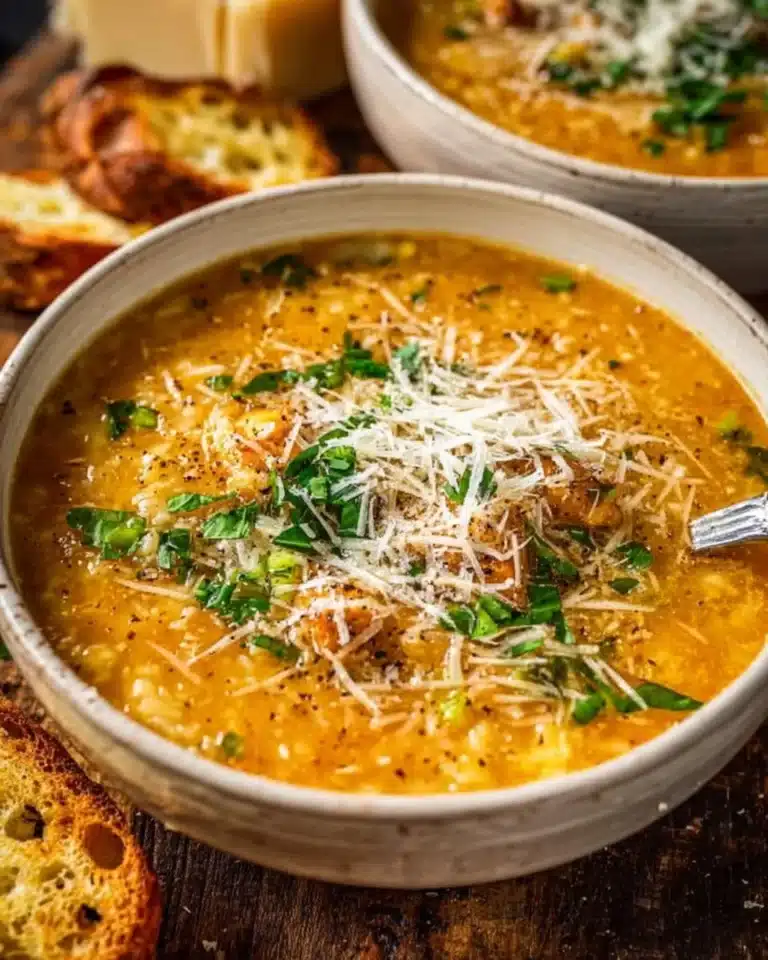 Bowl of Italian Penicillin Soup with fresh herbs and ingredients