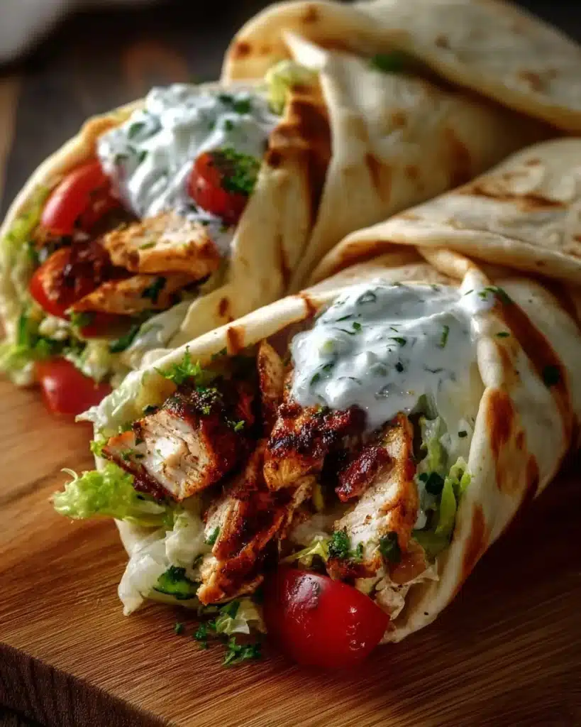 Mediterranean Chicken Gyros served with creamy feta tzatziki sauce