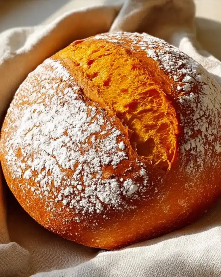 Loaf of perfect Dutch oven pumpkin bread fresh out of the oven