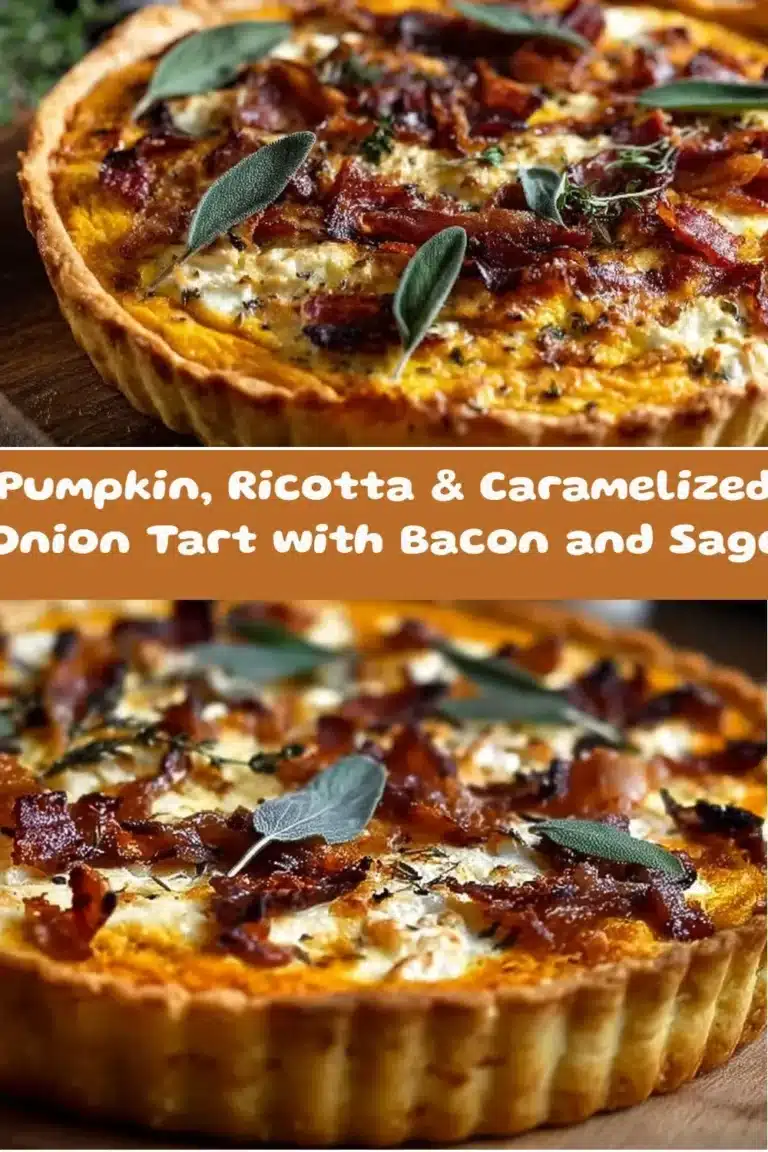 Pumpkin, Ricotta and Caramelized Onion Tart prepared with Bacon and Sage