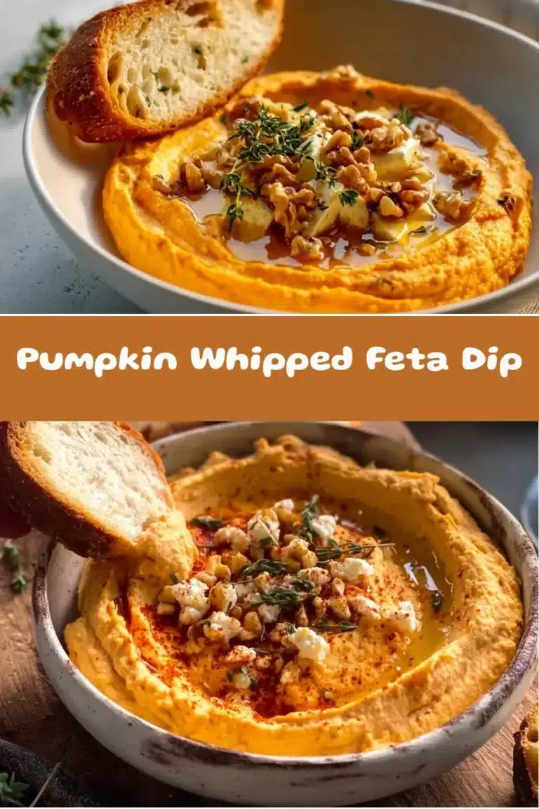 Bowl of creamy Pumpkin Whipped Feta Dip with herbs and spices