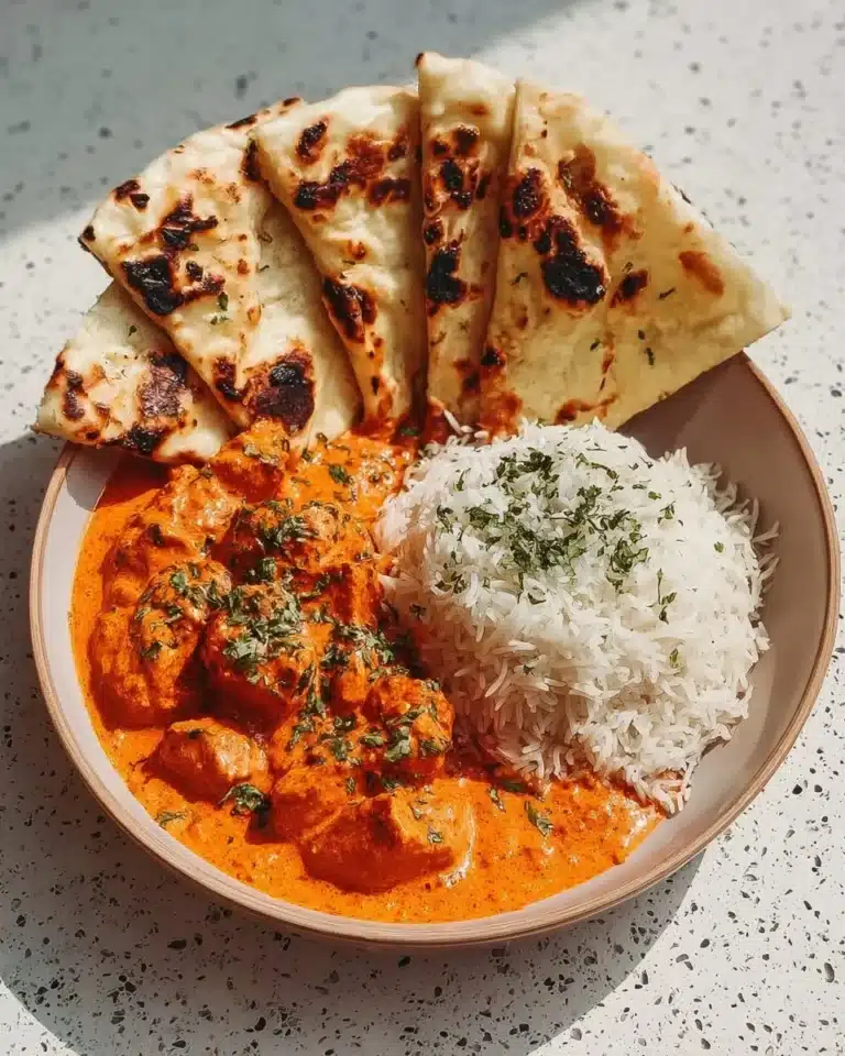 A bowl of homemade butter chicken served with rice and naan bread.
