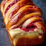 Freshly baked Raspberry Swirl Brioche Loaf with vibrant raspberry filling