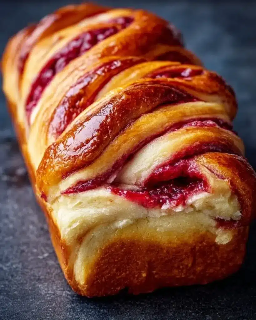 Freshly baked Raspberry Swirl Brioche Loaf with vibrant raspberry filling