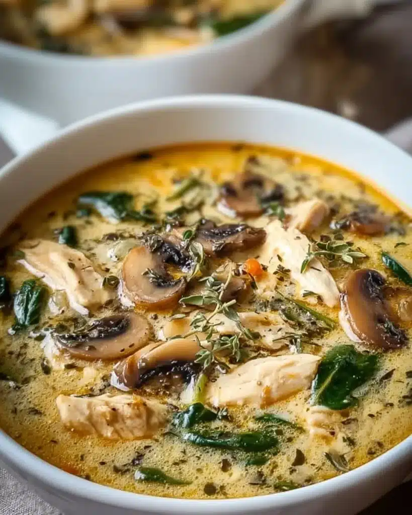 Delicious bowl of rotisserie chicken mushroom soup garnished with herbs