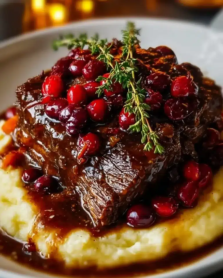 Slow-braised beef roast with cranberry balsamic glaze served on a plate