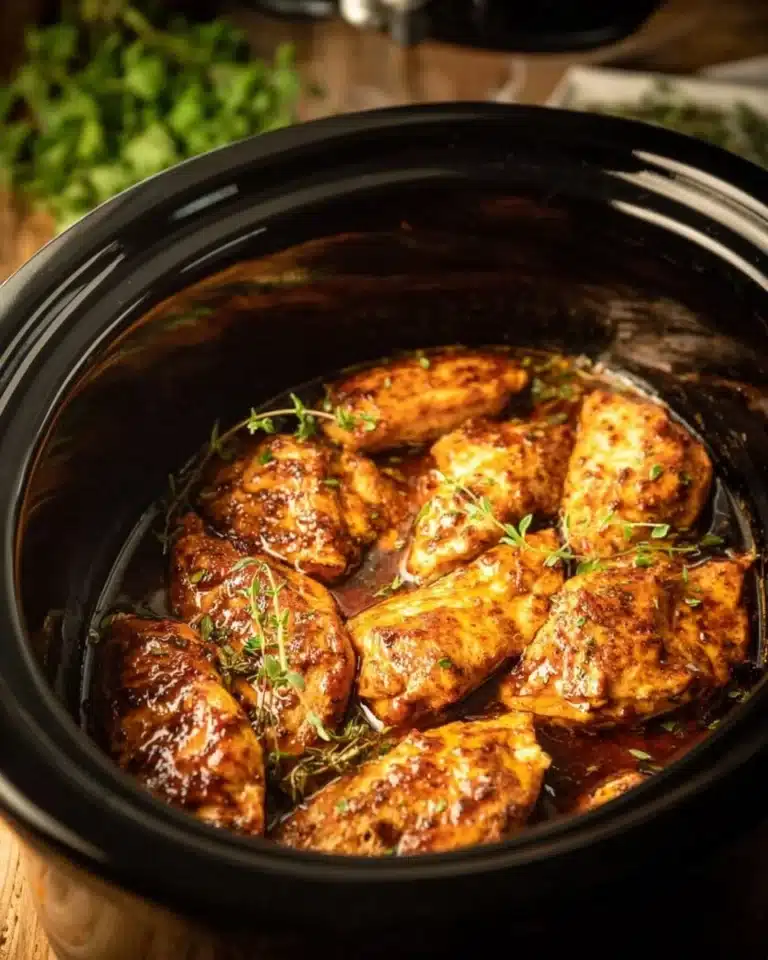 Slow-cooked chicken breasts with herbs and spices in a crockpot
