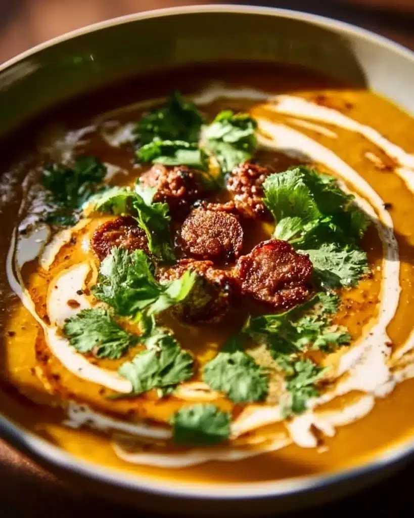 A steaming bowl of spicy chorizo pumpkin soup topped with fresh herbs.