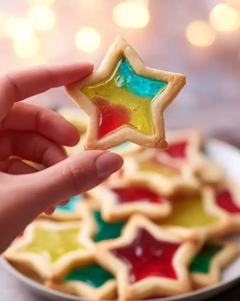 Colorful stained glass cookies arranged on a decorative plate.
