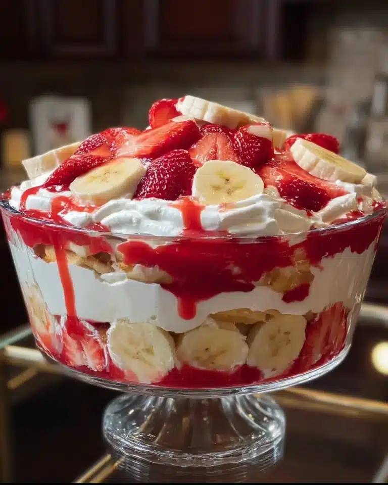 A delicious bowl of strawberry banana pudding topped with fresh fruits.