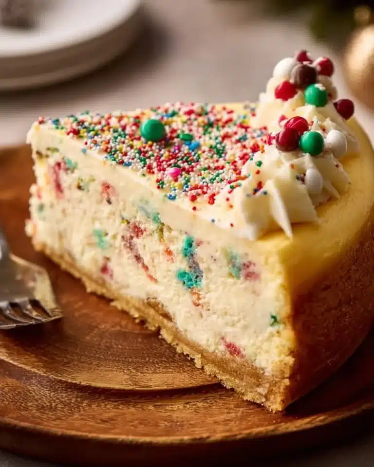 Delicious homemade Sugar Cookie Cheesecake topped with colorful sprinkles.