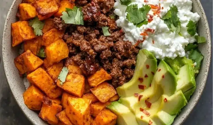 Colorful Sweet Potato Taco Bowl topped with fresh ingredients and spices.