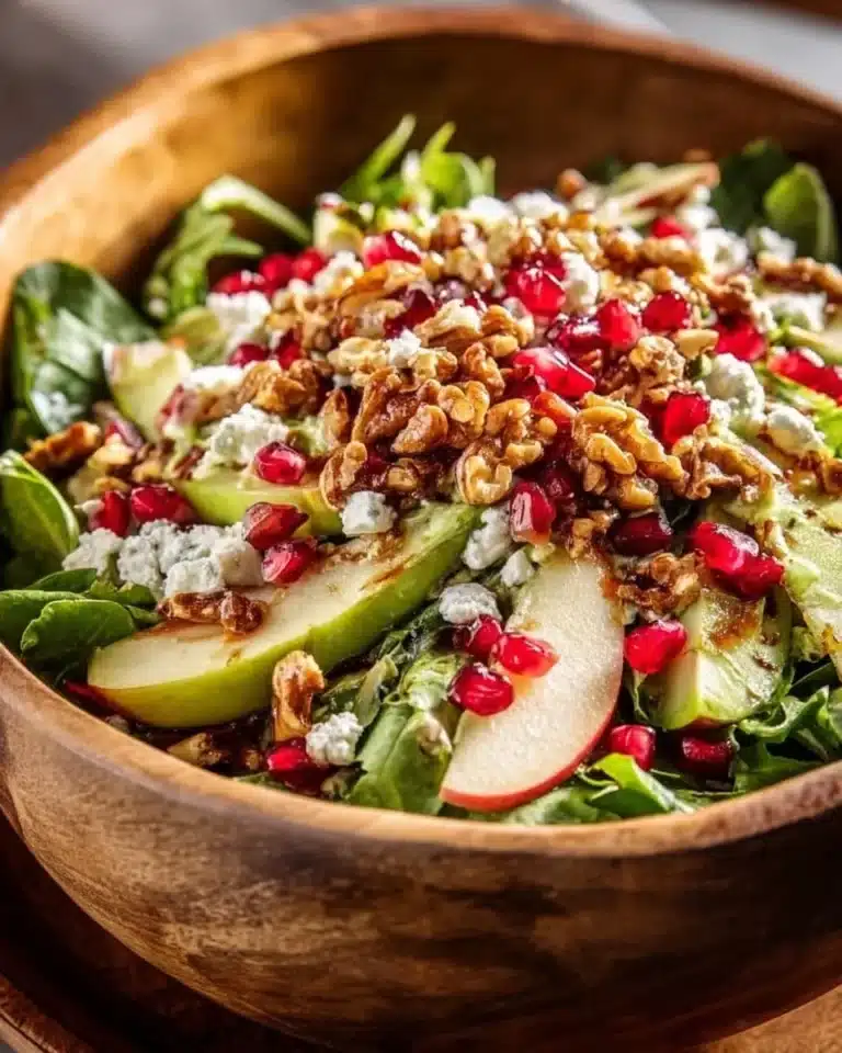 Christmas salad with honey mustard dressing garnished with fresh greens and berries.