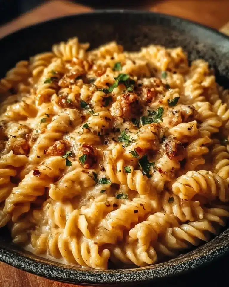 Delicious Crockpot Garlic Parmesan Chicken Pasta served in a bowl