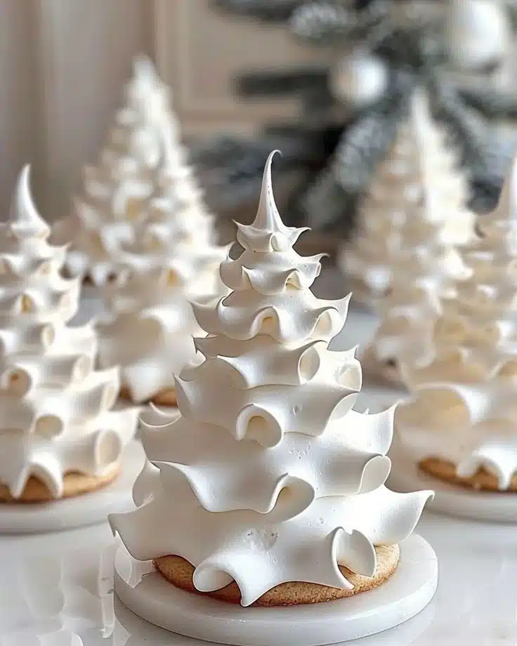 Tree Meringue Cookies 2 Festive Tree Meringue Cookies arranged on a decorative plate